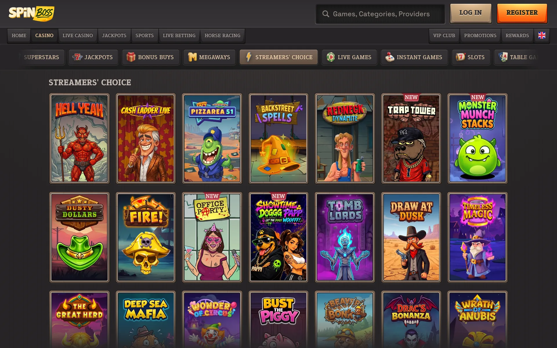 SpinBoss Casino Streamers' Choice shelf with rows of slot tiles