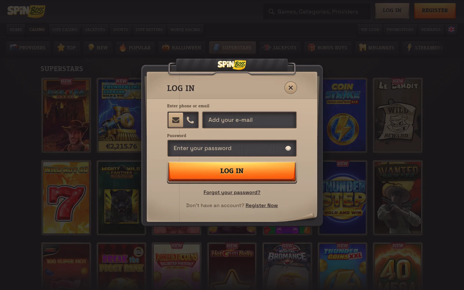 SpinBoss log-in window with phone or e-mail and password over the Superstars games